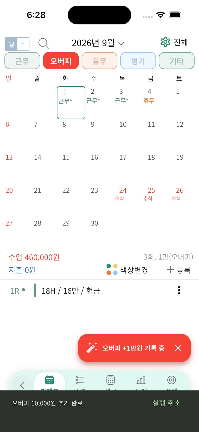 5단계. 9월 1일 근무에 오버피 1만 원을 추가하고 완료 안내가 표시된 화면